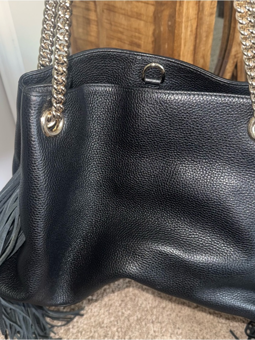 Gucci Black Pebbled Leather Fringe Shoulder Bag with Chain Straps -Vintage Boho - Picture 3 of 6
